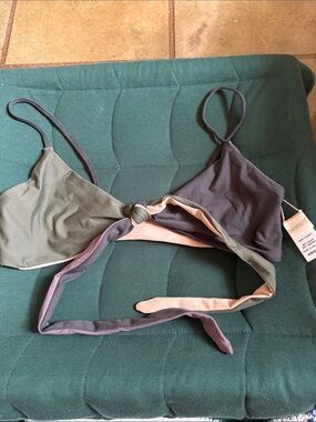 l*space Three-Tone Knotted Triangle Bikini top  in Olive, Mauve & tan